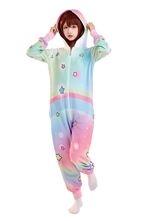 Candy Star Women Rainbow Star Print Polyester Hooded Onesie Pajama for Adult