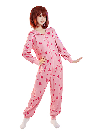 Crush on U Women Pink Heart Print Polyester Hooded Onesie Pajama for Adult