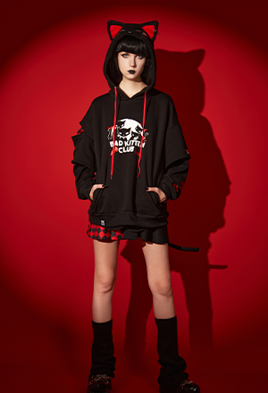 Emily the Strange Halloween Costume Black Bad Kitten Club Print Cat Pullover Hoodie with Furry Paw Gloves