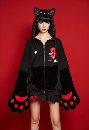 Emily the Strange Halloween Chairman of The Bored Print Cat Zip Up Hoodie with Furry Paw Gloves