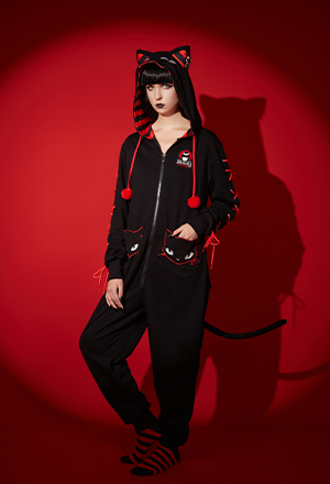 Emily the Strange Halloween Black Lace-Up Sleeves Zipper Hooded Onesie Pajama