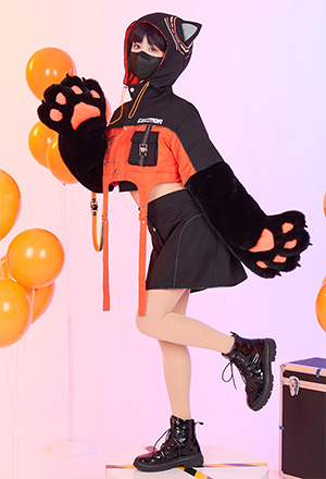 Cyberpunk Kitten Strap Decorated Hooded Jacket and Detachable Skirt Set with Furry Cat Paw Bag